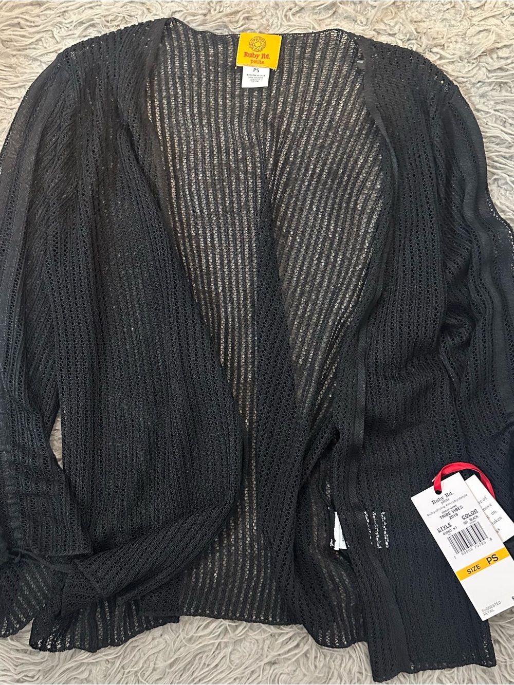 NWT Ruby Rd Petite Tribe Vibes Black Open Knit Cardigan Sheer PS